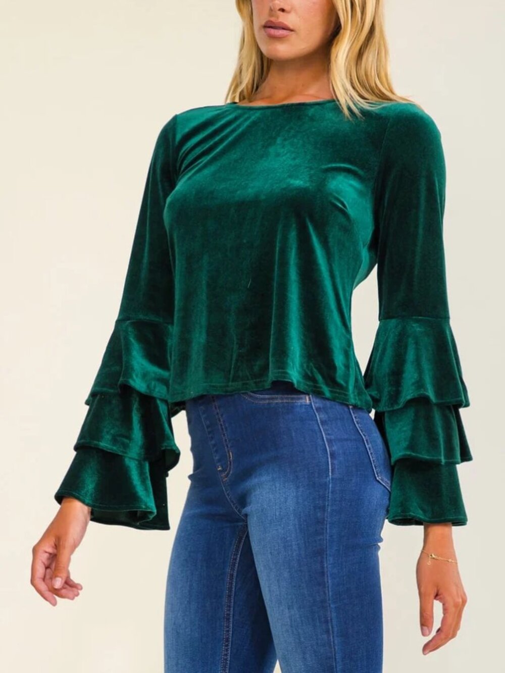 Sugarlips Everson Velvet Top Ruffle Tiered Sleeve in Emerald Green